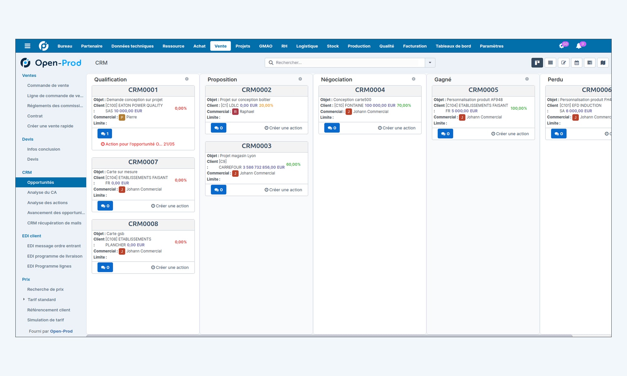 Interface CRM dans Open-Prod